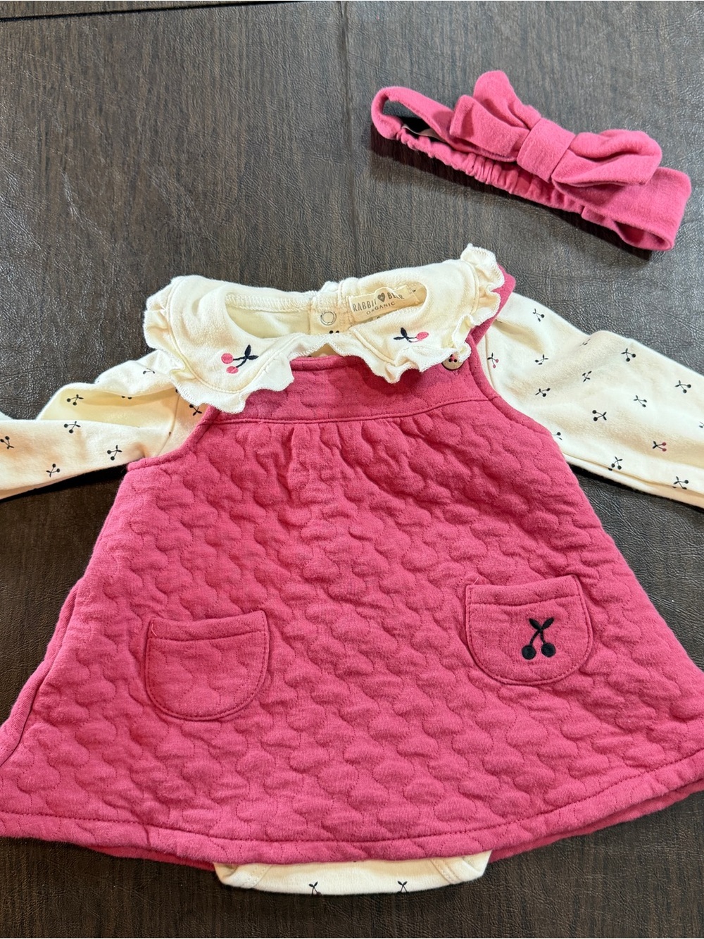 Rabbit and Bear Girls Organic Pink Quilted Dress with Bow Headband Sz 3-6M